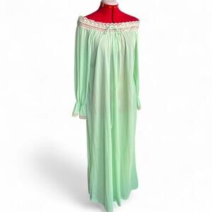Vintage Boho Maxi Bright Mint Green Nightgown With Lace Details Medium